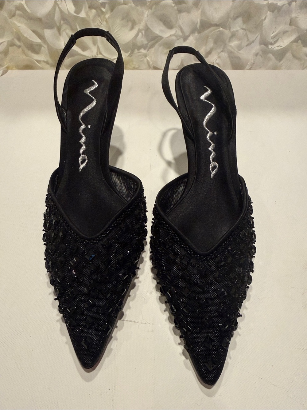Nina Black Beaded Pointed-Toe Slingback Mules